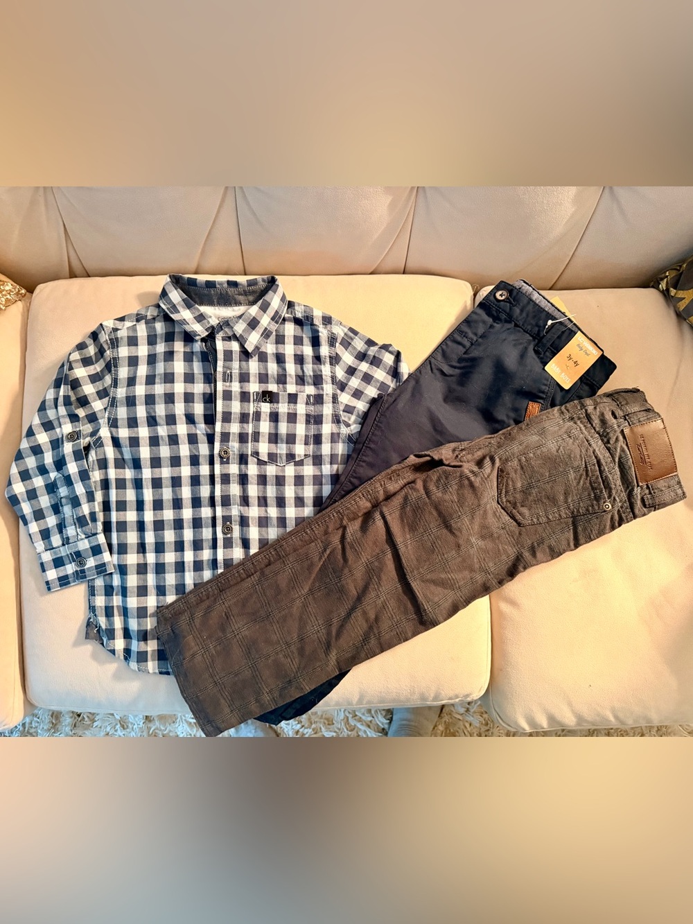Calvin Klein Navy and White Gingham Button-Down Shirt and 2 dressy pants set